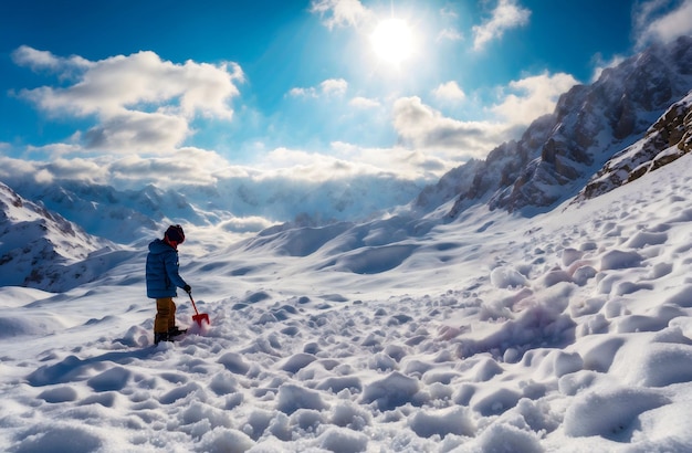 PSD un enfant touristique dégageant un chemin sur la montagne alors que la neige a gelé en hiver