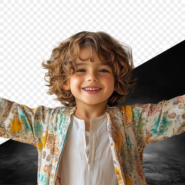 un enfant avec une veste qui dit " bonheur " sur elle
