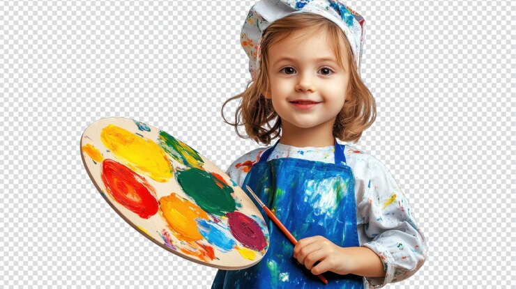 PSD un enfant vêtu d'une chemise de peintre tenant un pinceau montre la créativité et l'inspiration artistique parfaite pour les projets liés à l'éducation artistique, à la création enfantine et aux activités de loisirs.