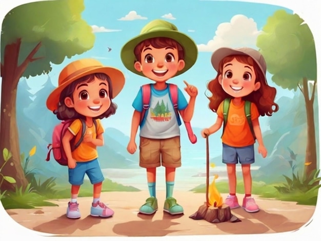 PSD des enfants de dessins animés devant le concept de camp d'été de tente