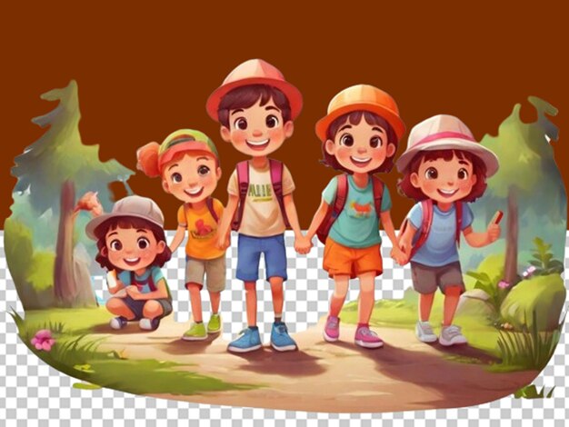 PSD des enfants de dessins animés devant le concept de camp d'été de tente