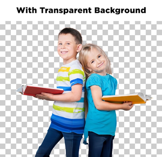 Des enfants heureux lisant des livres à fond transparent