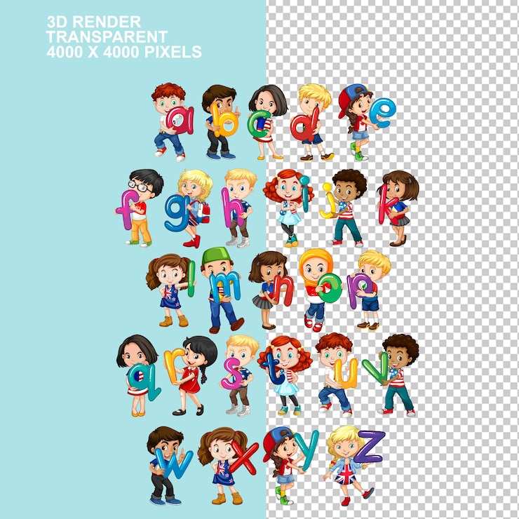 PSD enfants tenant des alphabets d'humeur heureuse éducation de l'enfant enfants peints à la main tenant des lettres anglaises