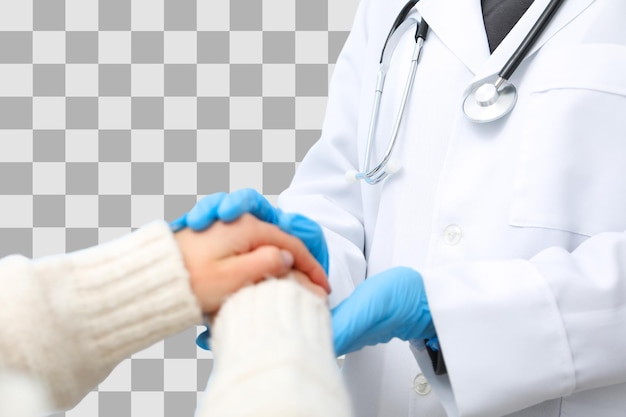 Enfermeira e paciente se envolvem em um aperto de mão confortável para celebrar o cuidado isolado em branco