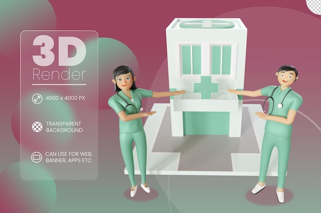 PSD enfermeiras e ilustração 3d do hospital