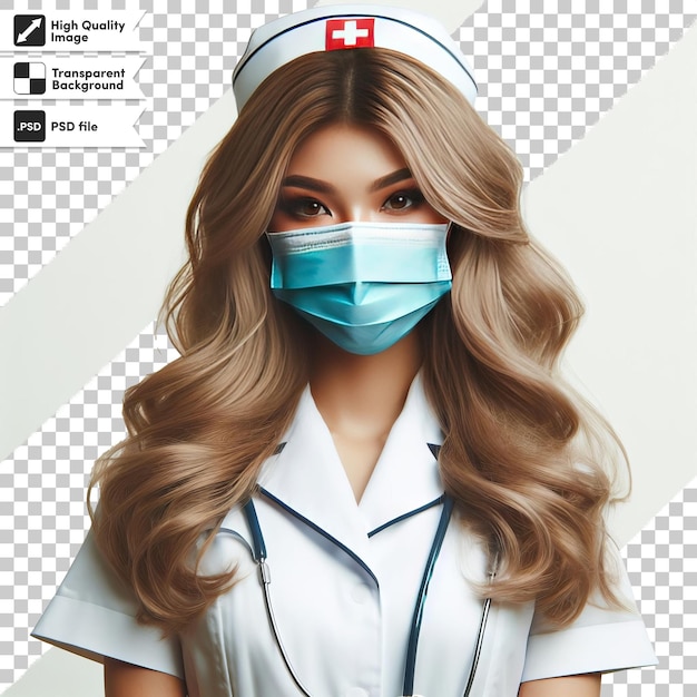 PSD una enfermera que lleva una máscara médica y una máscara con la palabra médica en ella