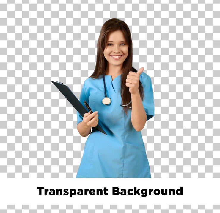 PSD la enfermera sonriente dando un pulgar hacia arriba con un fondo transparente