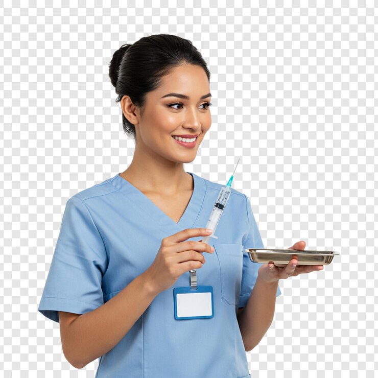 PSD la enfermera sonriente con la jeringa el profesional de la salud está listo para vacunar