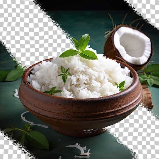 El enfoque selectivo destaca el arroz de coco en un cuenco de cerámica un plato favorito en el sur de la india
