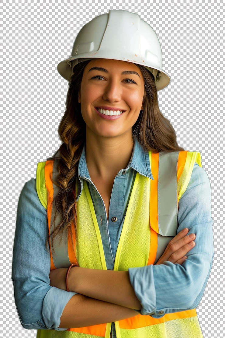 PSD engenheira vestindo capacete de pé com os braços cruzados e sorrindo