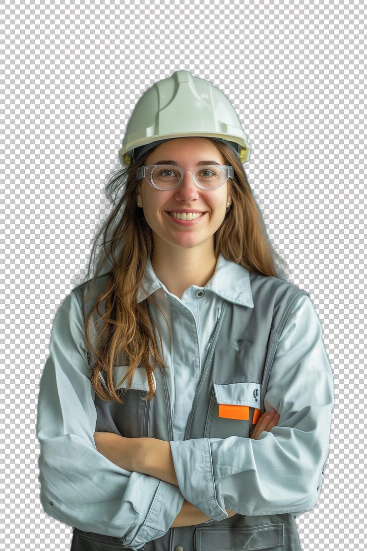 PSD engenheira vestindo capacete de pé com os braços cruzados e sorrindo