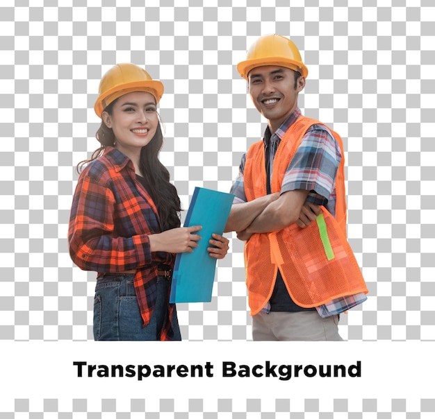 engenheiro civil vestindo chapéus laranjas e coletes laranjas