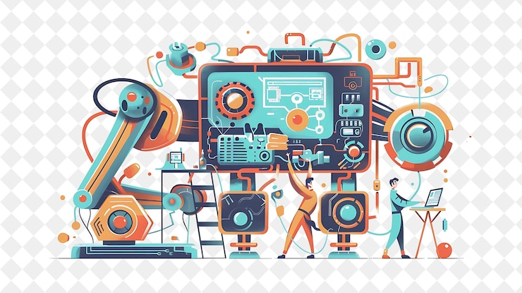 PSD engenheiro de robótica futurista com construção de personagens e pessoas de png em ilustração de trabalho diário