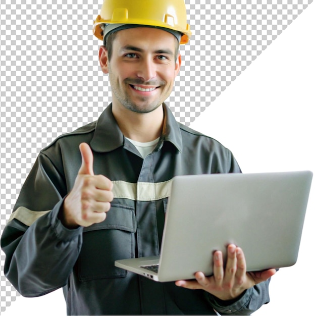 Engenheiro em uniforme segurando um laptop em um fundo transparente