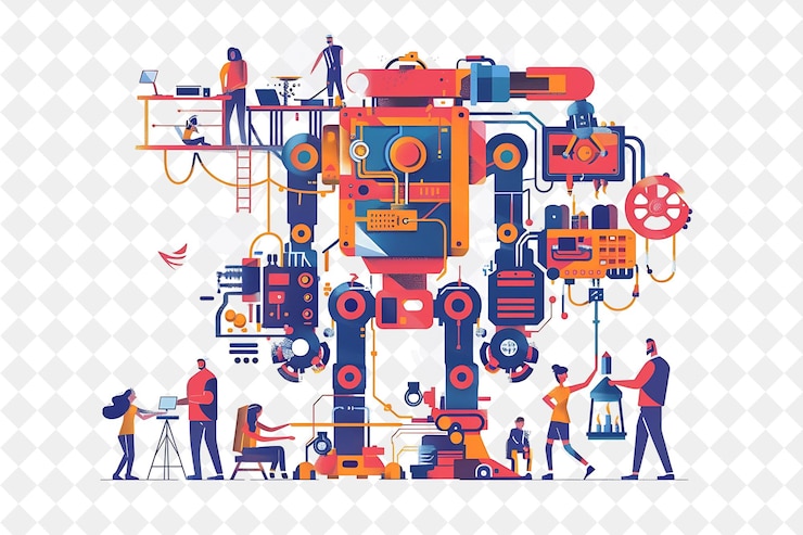 PSD engenheiro experiente em tecnologia com personagens construindo e testando mac png pessoas em ilustração de trabalho diário