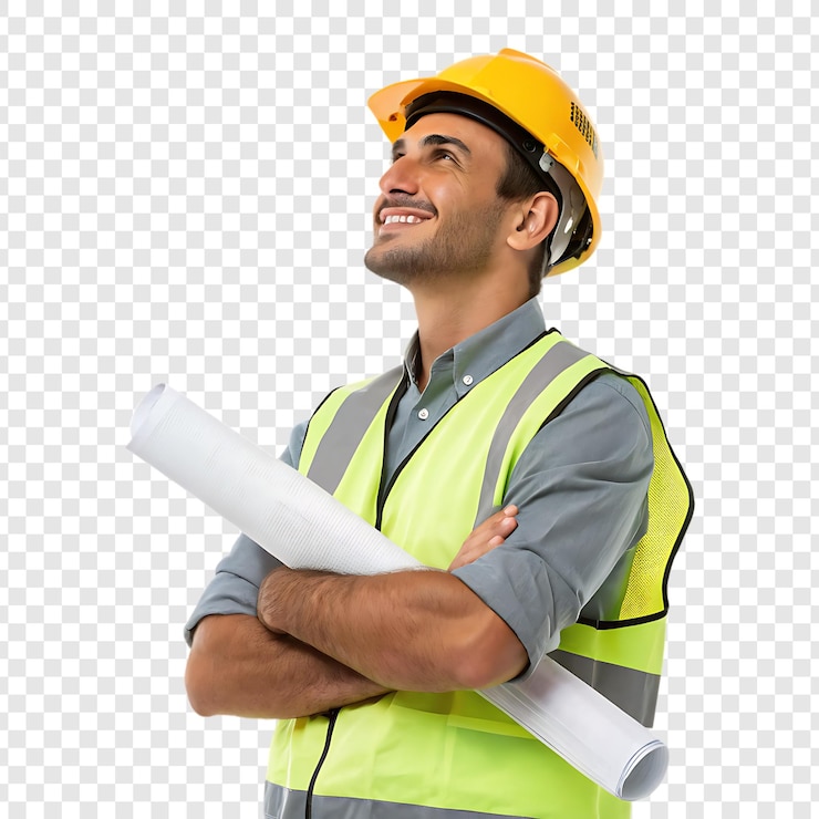 PSD engenheiro feliz com o projeto olhando para cima
