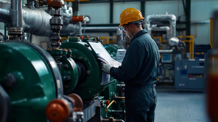 PSD engineer inspecting industrial machinery reviewing blueprints in a factory setting