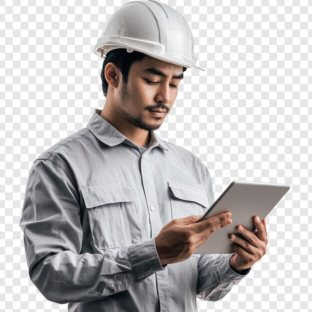 Engineer looking at something while using tablet isolate on transparent background