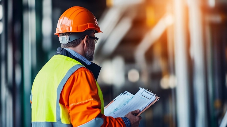 PSD engineer reviewing blueprints in industrial plant