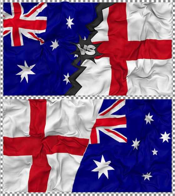 England gegen Australien Halbkombinierte Flagge Stoff Bump Textur 3D-Rendering