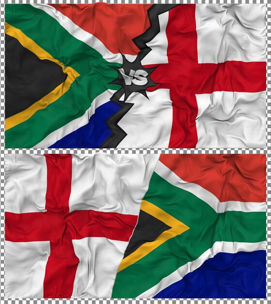 England gegen Südafrika Halbkombinierte Flagge Stoff-Bump-Textur 3D-Rendering