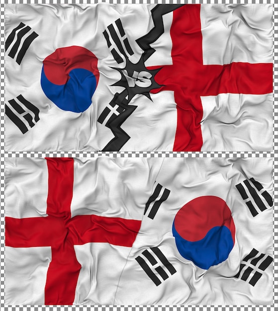 England gegen Südkorea Halbkombinierte Flagge Stoff-Bump-Textur 3D-Rendering