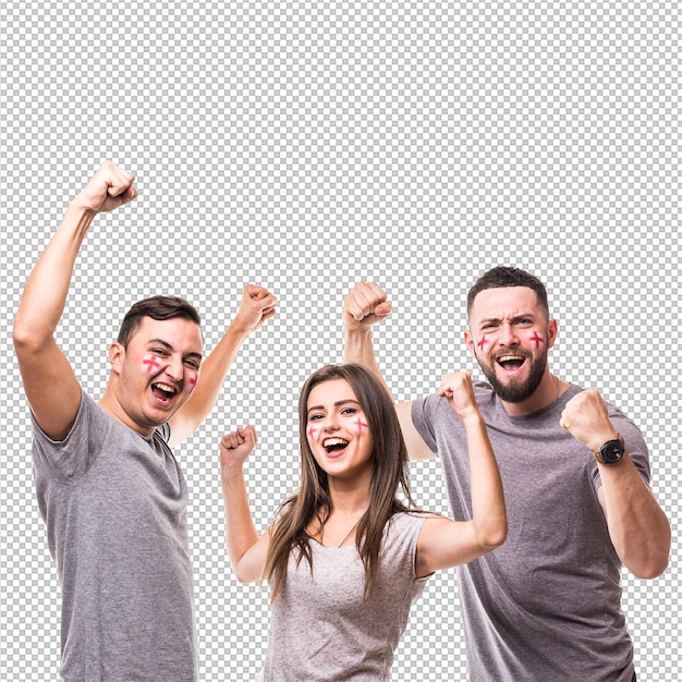 England gewinnt Eine Gruppe von Fußballfans unterstützt die englische Nationalmannschaft auf weißem Hintergrund.