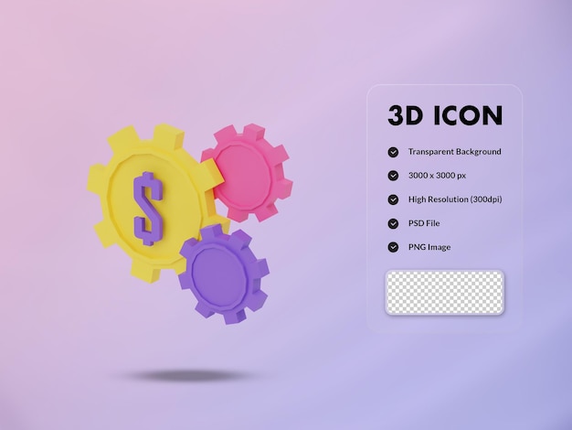 Engranaje 3D e icono de moneda de dólar 3d renderizar ilustración