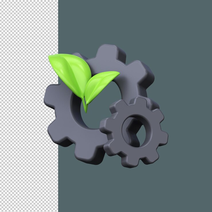 PSD engranaje con icono de hoja verde 3d de industria verde y tecnología limpia