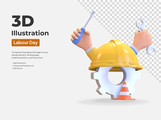 PSD engranaje y trabajador de la construcción casco trabajo día ilustración 3d render