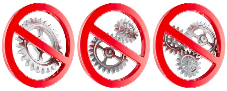PSD engranajes de acero y mecanismos de ruedas de engranajes con símbolo de prohibición de señales prohibidas renderización 3d aislado en fondo transparente