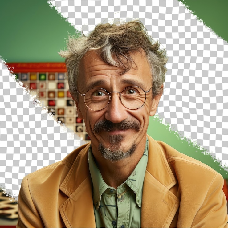 PSD enigmático jugador urálico hombre de mediana edad en pose pastel