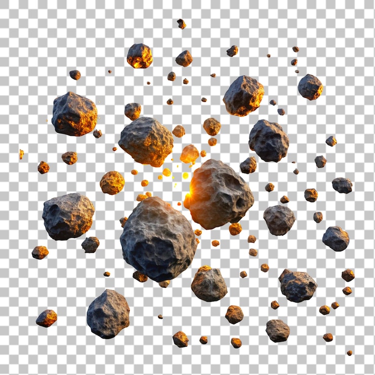 PSD enjambre de asteroides aislados en un fondo transparente ilustración de renderización en 3d