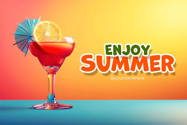 PSD enjoy summer banner template with a cocktail and fresh drink background on a beach background