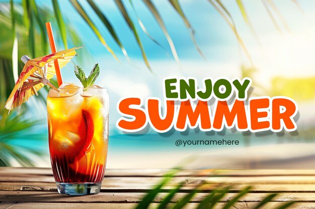 PSD enjoy summer banner template with a cocktail and fresh drink background on a beach background