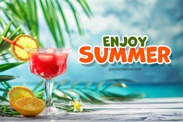 PSD enjoy summer banner template with a cocktail and fresh drink background on a beach background