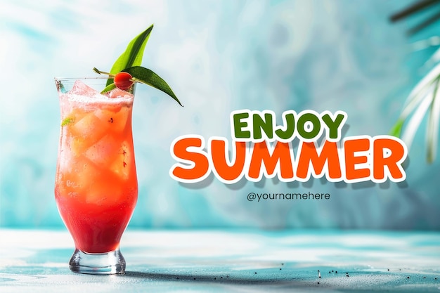 PSD enjoy summer banner template with a cocktail and fresh drink background on a beach background