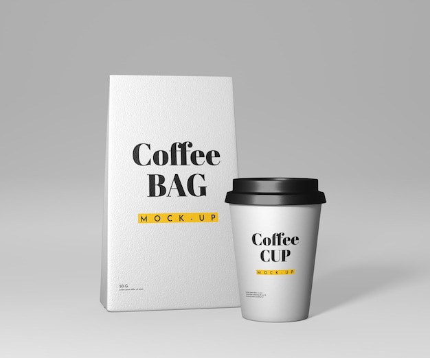 PSD enlevez la tasse de café et le mock-up de sac en papier psd