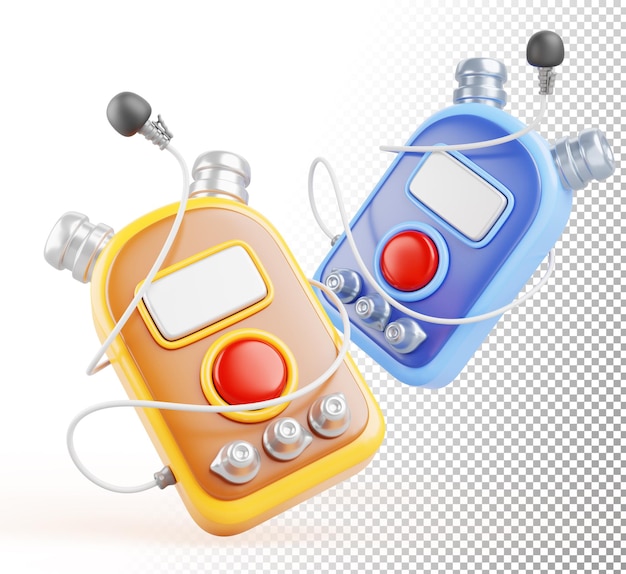 Enregistreurs de voix avec de petits microphones lavalier 3D rendu Dictaphone bleu et jaune isolé avec micro de revers et câble Equipement d'enregistrement sonore pour interview audio Icons de dessins animés