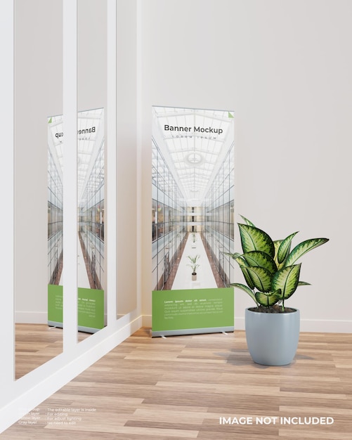 Enrole a maquete do banner com uma planta ao lado do vidro grande