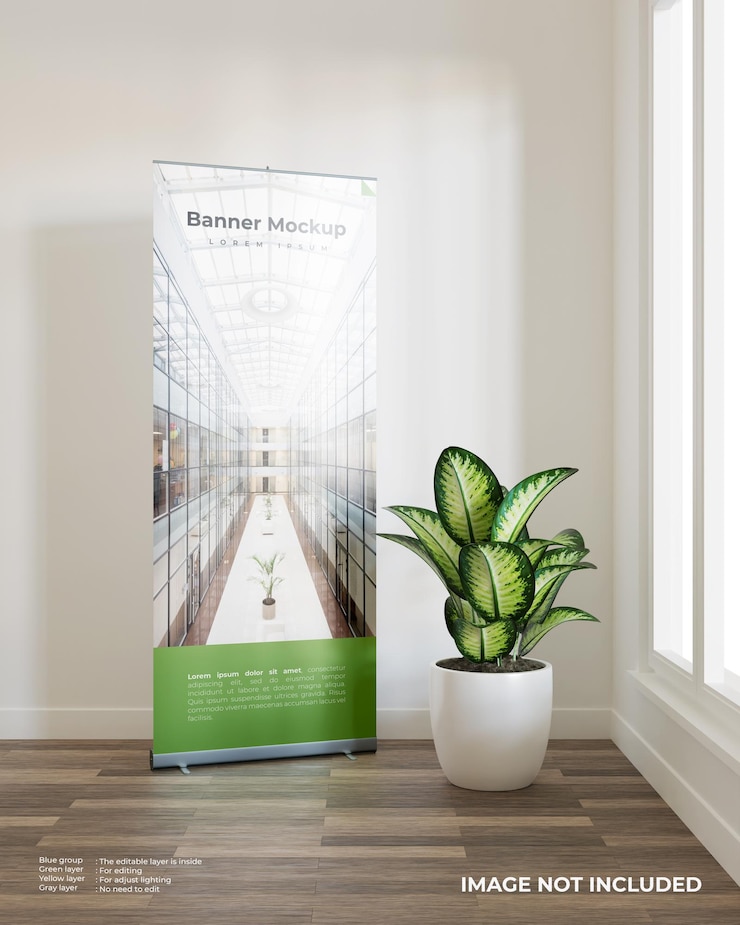 PSD enroulez une maquette de bannière avec une plante à côté de la fenêtre
