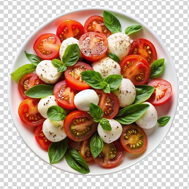 Ensalada de caprese en un plato blanco aislado sobre un fondo transparente