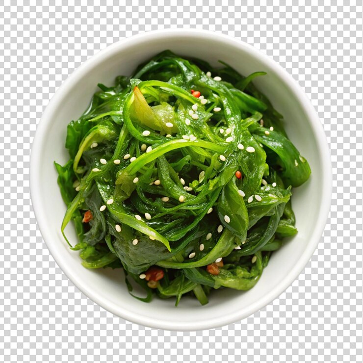 PSD ensalada de chuka wakame de algas marinas japonesas en un cuenco blanco vista superior en un fondo transparente