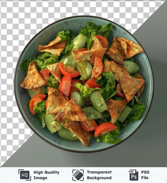 PSD ensalada de fattoush transparente con tomates rojos en rodajas y lechuga verde en una mesa gris