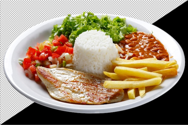 Ensalada de filete de pollo a la parrilla con frijoles y arroz y papas fritas