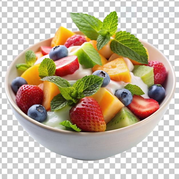 PSD ensalada de frutas con aderezo de yogur en fondo transparente