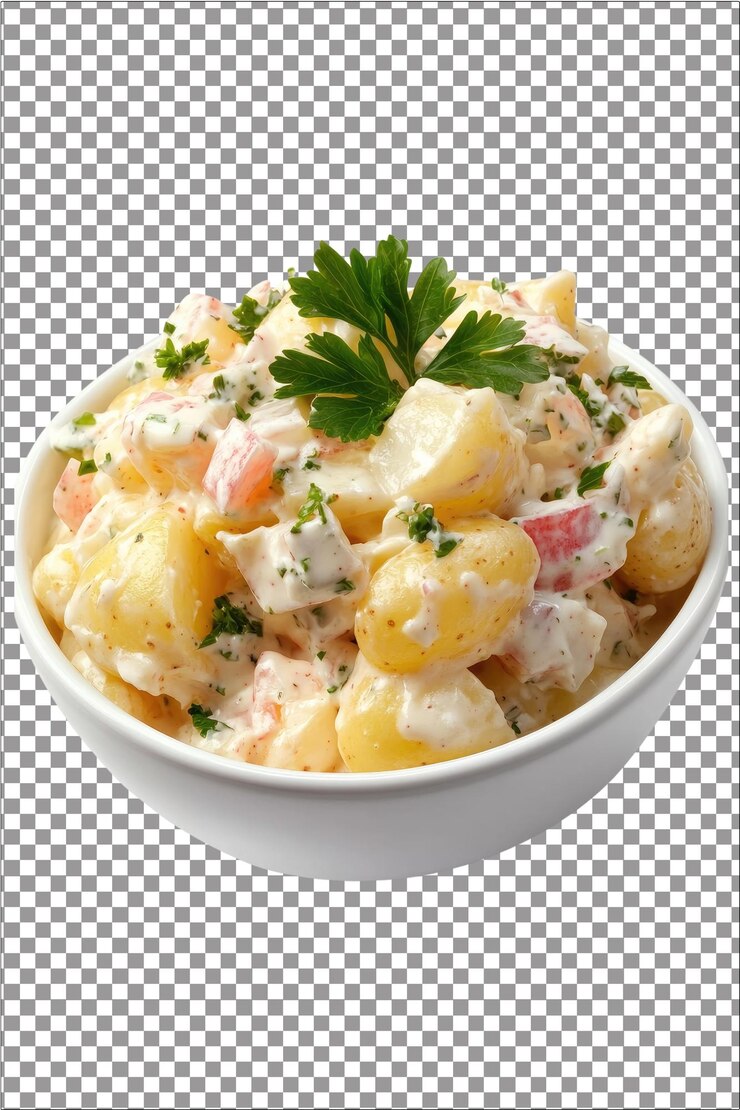 ensalada de patatas cremosa y picante un alimento básico de barbacoa hiperrealista blanco aislado plano transparente fondo