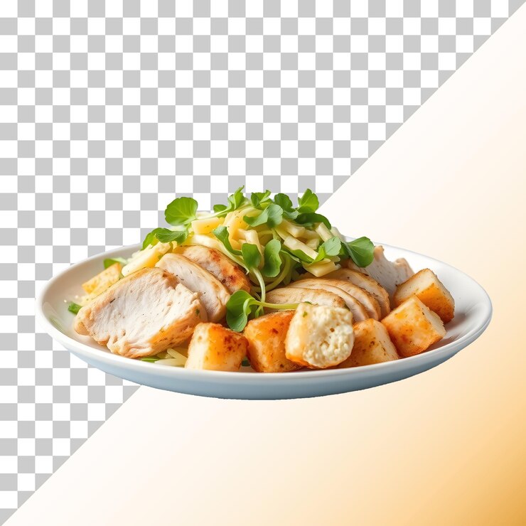 PSD ensalada de pollo césar con queso y croutons transparente psd