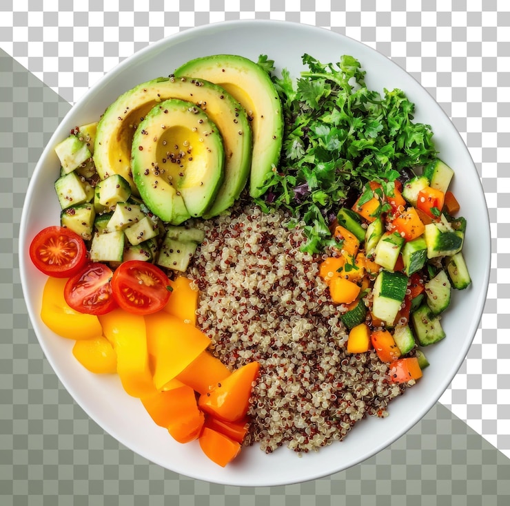 PSD ensalada de quinoa fresca de papua nueva guinea con verduras y aguacate
