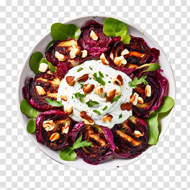 Ensalada de radicchio a la parrilla con yogur y avellanas sobre un fondo transparente